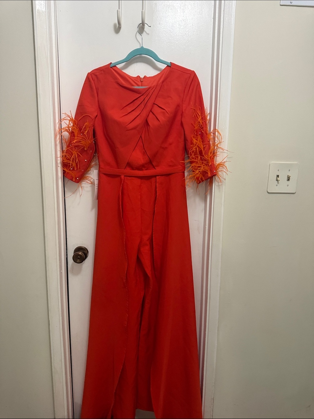 Red Feather Sleeve Evening Jumpsuit - Picture 4 of 6